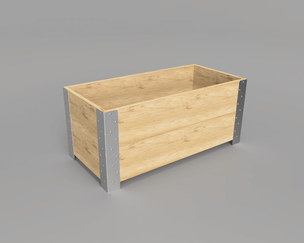 Rectangular planter box made from light cedar planks and four steel corner brackets on a grey background. The planter box is sizes about two feet wide by about four feet long and two feet high and is built using hand bendable steel brackets. 