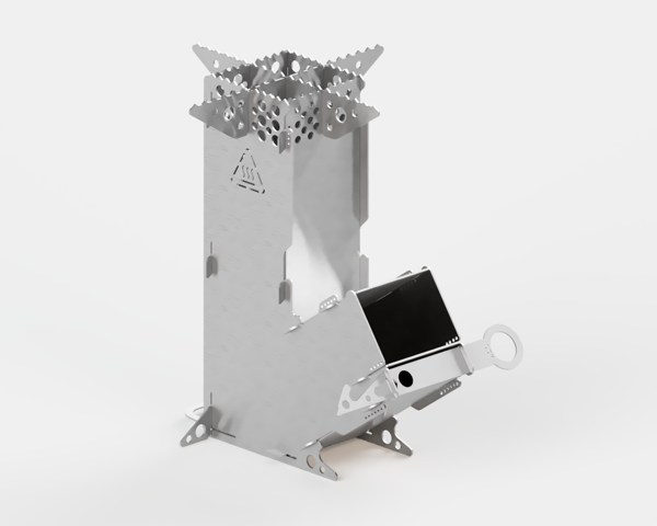 Rocket camping stove built from grey steel shaped like a check mark. A tall vertical shaft is used for the flames of the fire. A second shaft at a forty five degree angle to the main shaft is used for adding additional fuel sources to the base of the fire