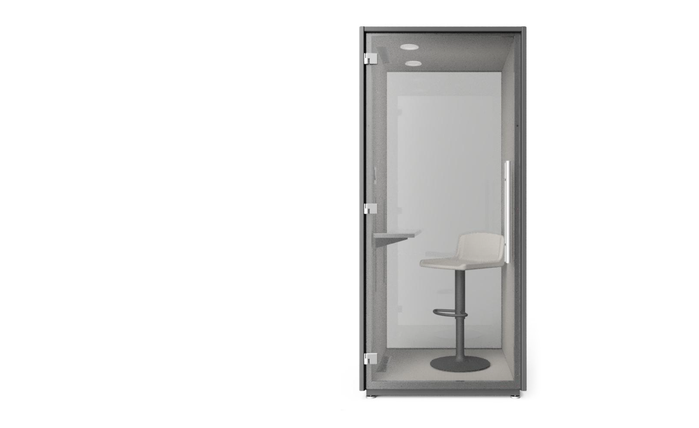 Mock up image of a modular privacy booth with a charcoal gray exterior and a front glass panel door. Inside the booth is a small adjustable work surface, a pedestal chair, overhead LED lighting and walls lined with a light grey felt fabric. 