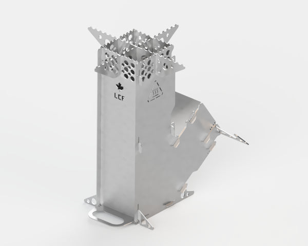 Rocket camping stove built from grey steel shaped like a check mark. A tall vertical shaft is used for the flames of the fire. A second shaft at a forty five degree angle to the main shaft is used for adding additional fuel sources to the base of the fire.