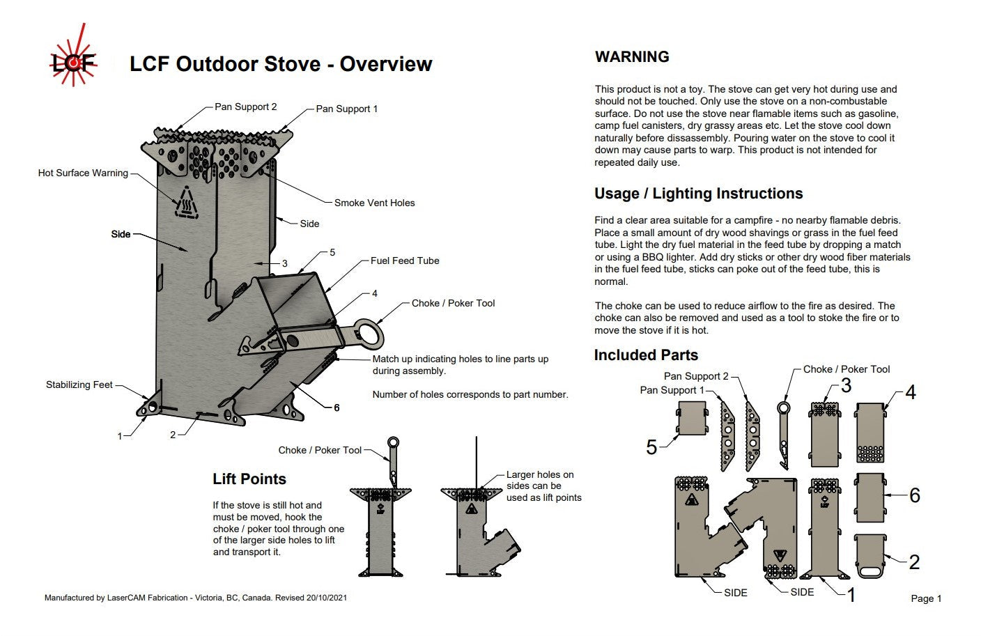 Rocket Camping Stove product details sheet. Includes detailed outline of pieces of the stove for assembly, warning information, usage and lighting and operational instructions. 