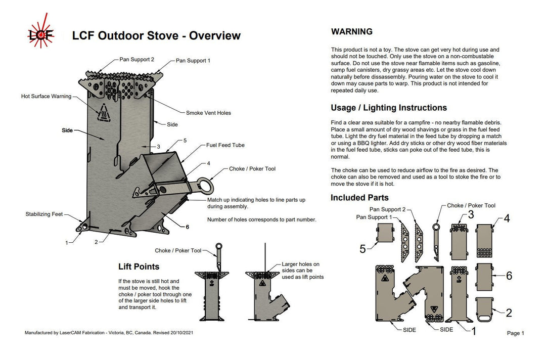 Rocket Camping Stove product details sheet. Includes detailed outline of pieces of the stove for assembly, warning information, usage and lighting and operational instructions. 